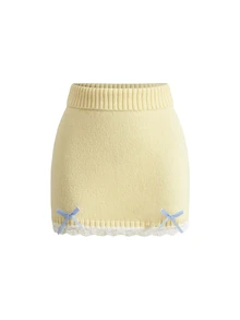 Sweetness Autumn/Winter Sweet Pastel Yellow Cropped Cardigan & Bow Skirt 2 Pieces Knit Set For Women - Pale Yellow - View 11