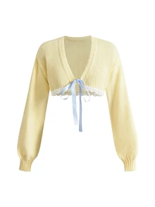Sweetness Autumn/Winter Sweet Pastel Yellow Cropped Cardigan & Bow Skirt 2 Pieces Knit Set For Women - Pale Yellow - View 7