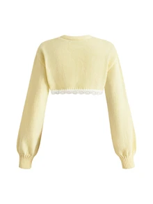 Sweetness Autumn/Winter Sweet Pastel Yellow Cropped Cardigan & Bow Skirt 2 Pieces Knit Set For Women - Pale Yellow - View 8