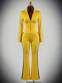 Amplova Women's Colorblock Patchwork Top And Pants 2 Pieces Set - Yellow - View 8