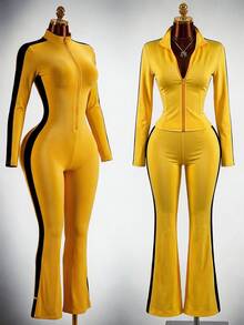 Amplova Women's Colorblock Patchwork Top And Pants 2 Pieces Set - Yellow - View 2