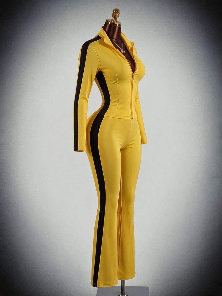 Amplova Women's Colorblock Patchwork Top And Pants 2 Pieces Set - Yellow - View 1