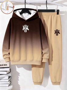 Tween Boy Casual Minimalist Long Sleeve Hooded Comfortable Sweatshirt 2 Pieces Set, Suitable For Autumn/Winter, Classic Cool Gradient Pattern Print, Cool Exquisite Logo Pattern Print - Multicolor - View 2