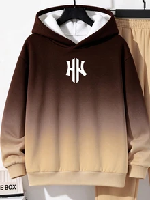 Tween Boy Casual Minimalist Long Sleeve Hooded Comfortable Sweatshirt 2 Pieces Set, Suitable For Autumn/Winter, Classic Cool Gradient Pattern Print, Cool Exquisite Logo Pattern Print - Multicolor - View 5