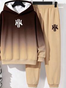 Tween Boy Casual Minimalist Long Sleeve Hooded Comfortable Sweatshirt 2 Pieces Set, Suitable For Autumn/Winter, Classic Cool Gradient Pattern Print, Cool Exquisite Logo Pattern Print - Multicolor - View 4