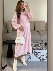SHEIN Maternity Solid Color Round Neck Lantern Sleeve Elegant Dress Fall - Pink - View 9