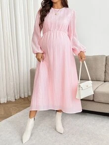 SHEIN Maternity Solid Color Round Neck Lantern Sleeve Elegant Dress Fall - Pink - View 5
