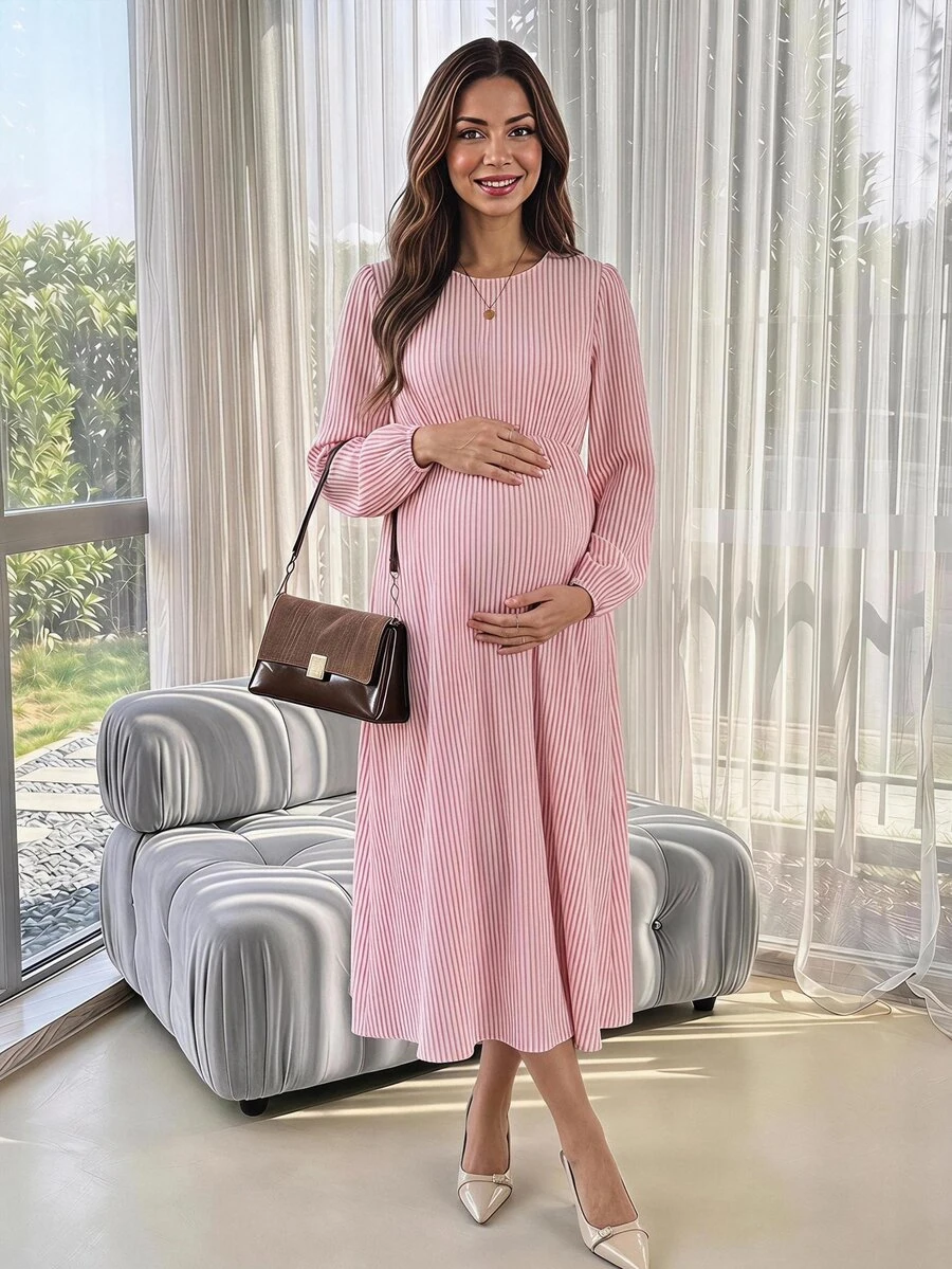 SHEIN Maternity Solid Color Round Neck Lantern Sleeve Elegant Dress Fall - Pink - View 1