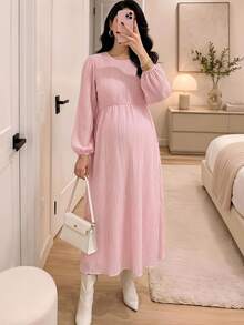 SHEIN Maternity Solid Color Round Neck Lantern Sleeve Elegant Dress Fall - Pink - View 2