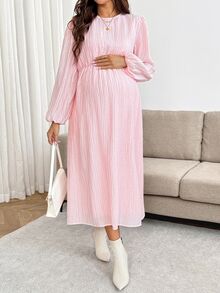 SHEIN Maternity Solid Color Round Neck Lantern Sleeve Elegant Dress Fall - Pink - View 6