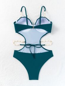 Swim Vcay 女士夏季沙灘純色中空連身泳衣 - 墨綠色 - 查看 4