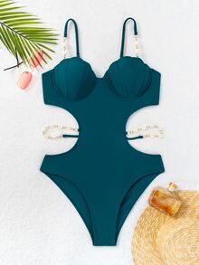 Swim Vcay 女士夏季沙灘純色中空連身泳衣 - 墨綠色 - 查看 5