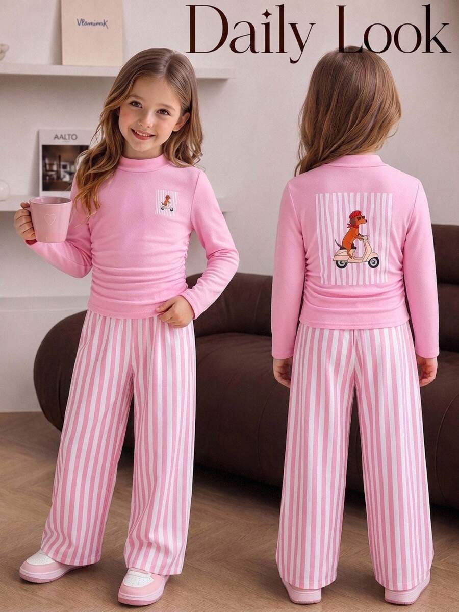 SHEIN Young Girl Ruffle Long Sleeve T-Shirt And Pants Casual Everyday Set - Multicolor - View 1