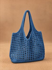 Travachic Off-White Hollow Knit Large Capacity Tote Bag, Mesh Shopping Bag, Practical Shoulder Bag, Suitable For Vacation And Daily Outings - Blue - View 3