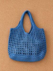 Travachic Off-White Hollow Knit Large Capacity Tote Bag, Mesh Shopping Bag, Practical Shoulder Bag, Suitable For Vacation And Daily Outings - Blue - View 2