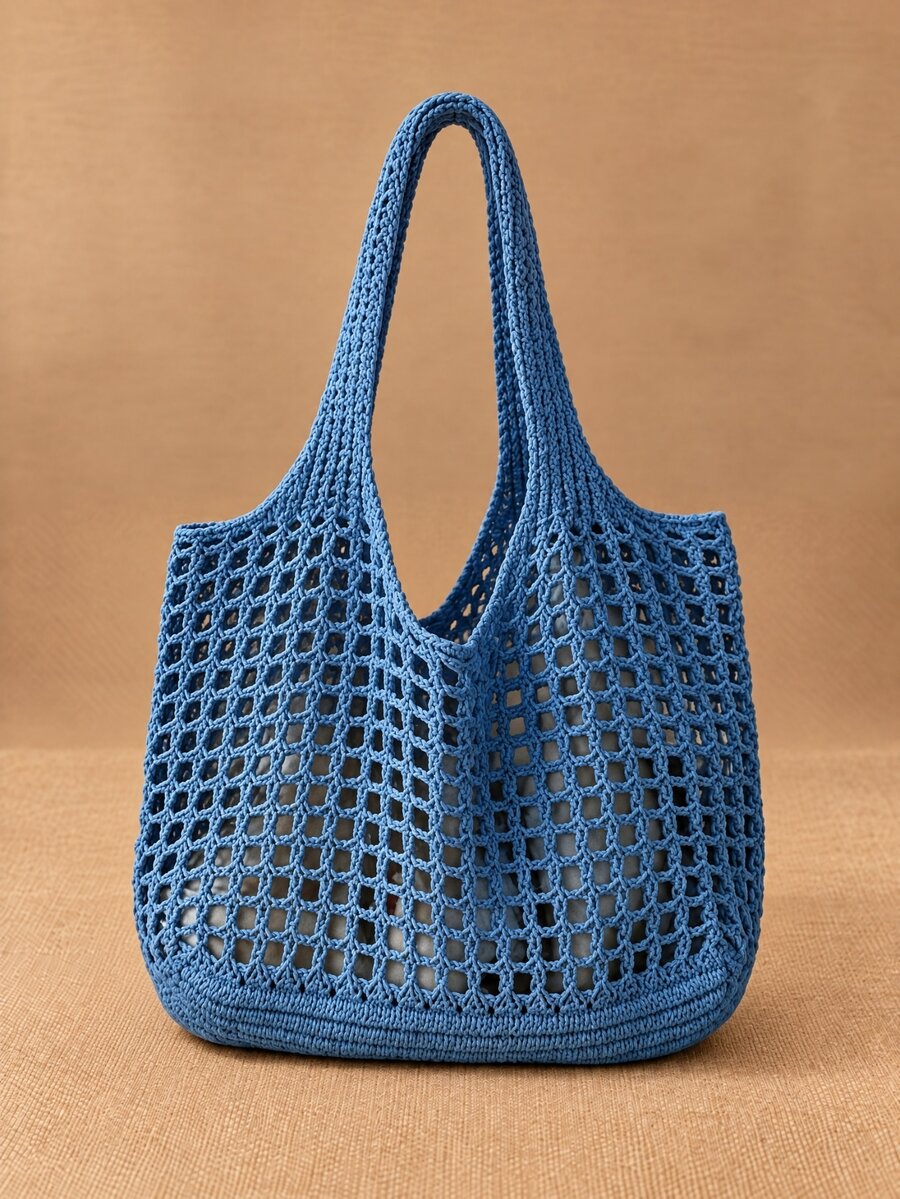 Travachic Off-White Hollow Knit Large Capacity Tote Bag, Mesh Shopping Bag, Practical Shoulder Bag, Suitable For Vacation And Daily Outings - Blue - View 1