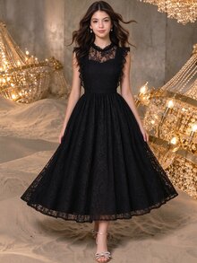 SHEIN Tween Girls Elegant Back To School Formal Solid Black High Waist Sleeveless Flared Hem Lined Dress Sixth Form,Graduation,Party Autumn Fall Christmas - Black - View 4