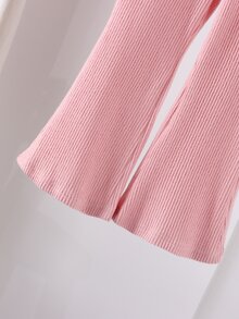 SHEIN Playful Pals 女童秋冬兩件套，粉色半高領設計，時尚披肩式不對稱下擺，寬鬆長袖；裝飾3D花朵（淺粉色+豆沙紅），溫柔甜美，搭配同色喇叭褲，完整套裝，簡約時尚，適合日常穿著 - 粉色 - 查看 5