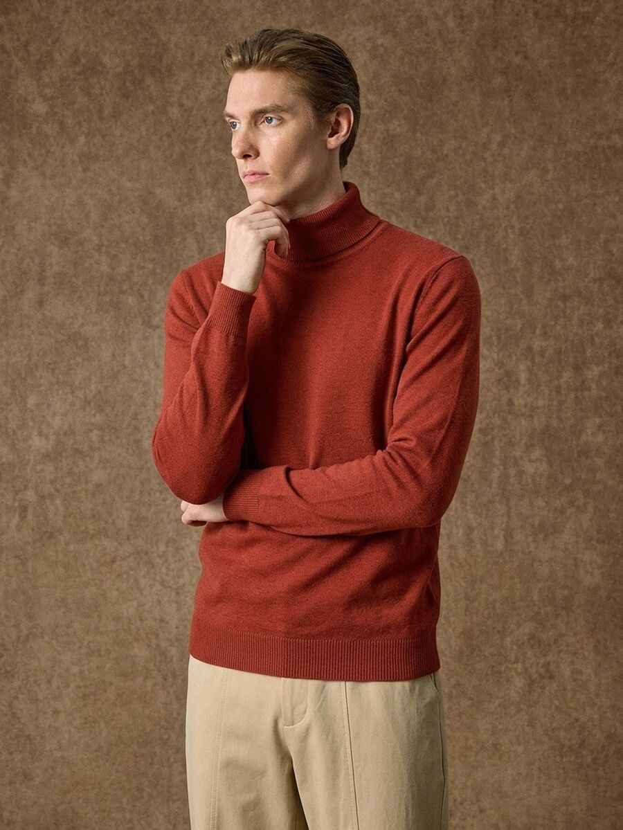 Formmaro Men's Casual Modest Solid Color Stand Collar Sweater, Thanksgiving Elements, Fall/Winter Vacation Beach Burnt Orange, Old Money - Rust Brown - View 1