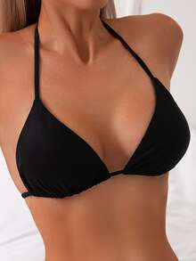 Swim Basics Solid Color Halter Neck Swimsuit Top For Beach & Vacation - Black - View 7