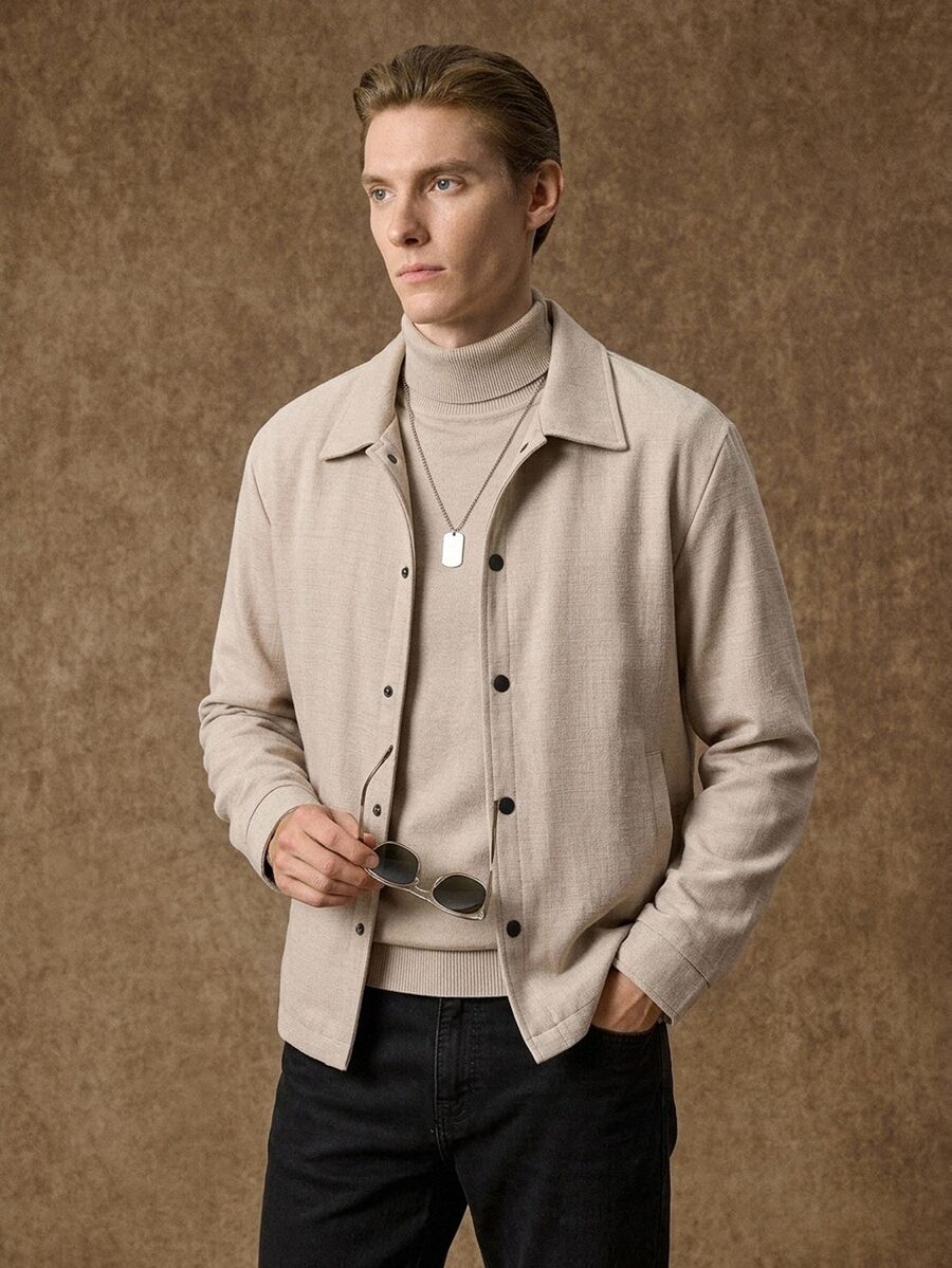 Manfinity Homme Men's Solid Color Long Sleeve Single-Breasted Casual Jacket,Formal, Daily Wear, For Fall, Ceremony Style For Commuting - Apricot - View 1