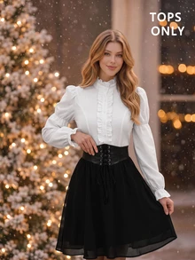 SHEIN MOD Blus Lengan Bergelombang dengan Hiasan Rumbai, Atasan Lengan Panjang - Putih - View 6