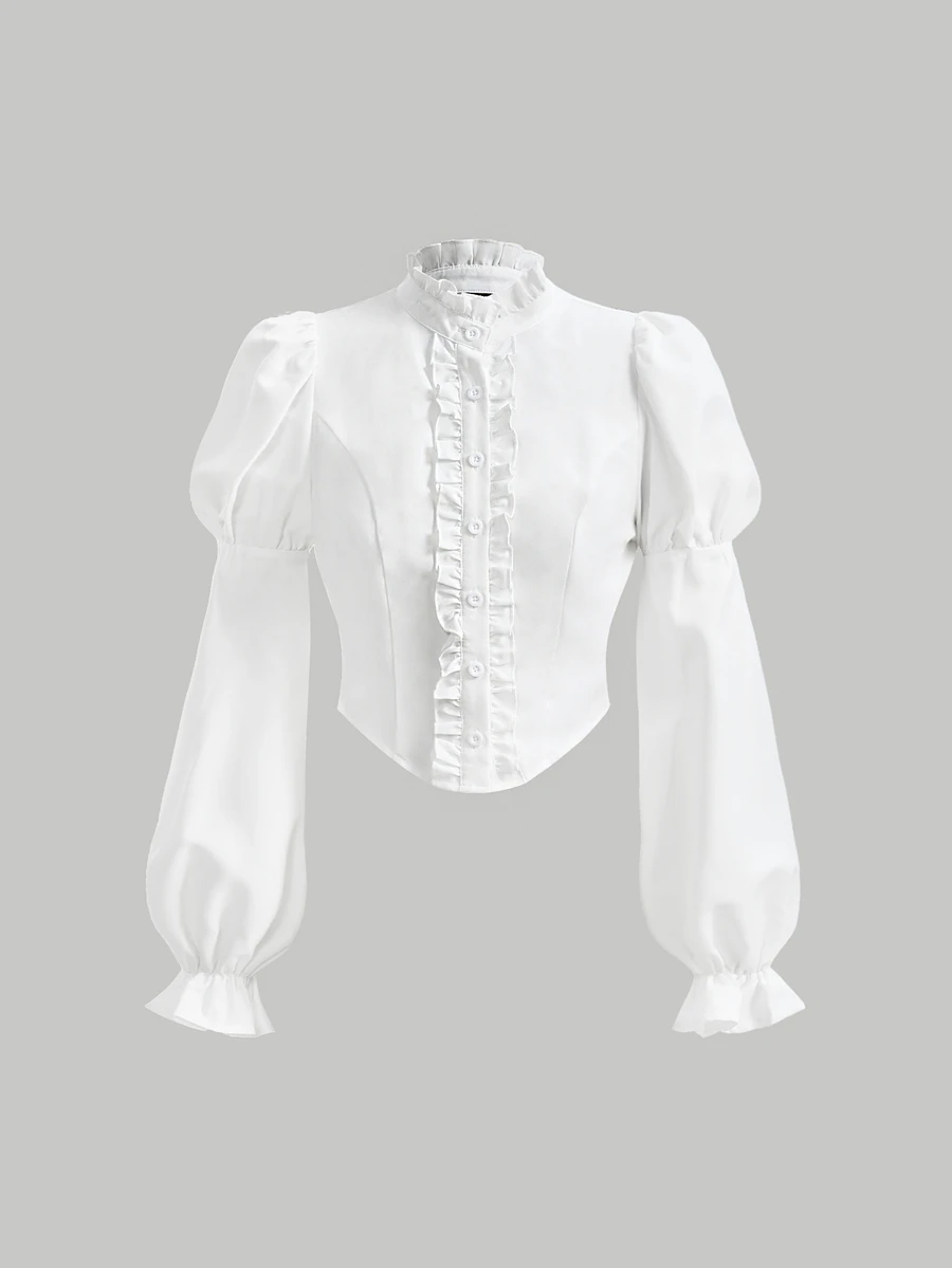 SHEIN MOD Blus Lengan Bergelombang dengan Hiasan Rumbai, Atasan Lengan Panjang - Putih - View 1