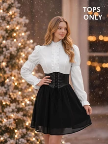 SHEIN MOD Blus Lengan Bergelombang dengan Hiasan Rumbai, Atasan Lengan Panjang - Putih - View 7