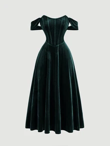 SHEIN MOD Romantic Dark Green Faux Fishbone Design Off Shoulder Dress,Dinner Outfit,Formal Dress,Prom Dress - Dark Green - View 1