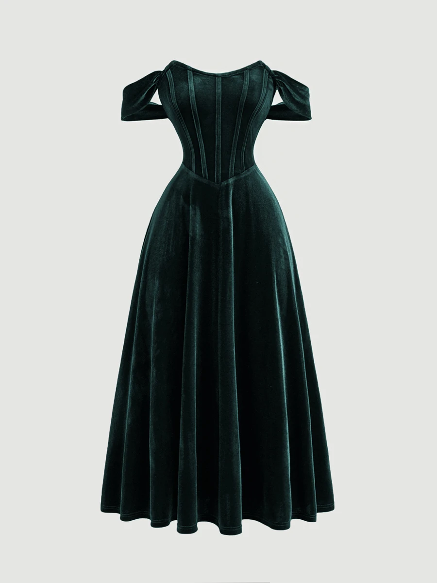 SHEIN MOD Romantic Dark Green Faux Fishbone Design Off Shoulder Dress,Dinner Outfit,Formal Dress,Prom Dress - Dark Green - View 1