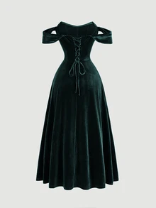 SHEIN MOD Romantic Dark Green Faux Fishbone Design Off Shoulder Dress,Dinner Outfit,Formal Dress,Prom Dress - Dark Green - View 2