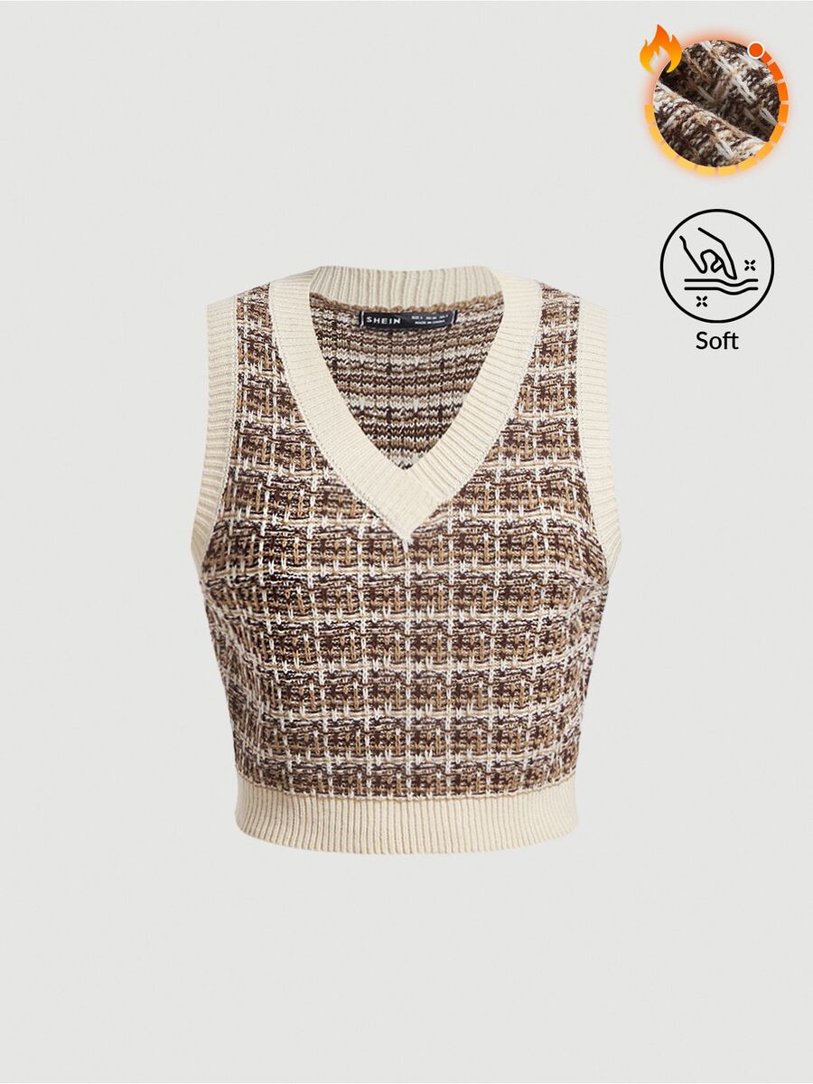 SHEIN MOD سترة كاجوال مربعة محبوكة للنساء، خريفية - لون مشمشي - مشاهدة 1