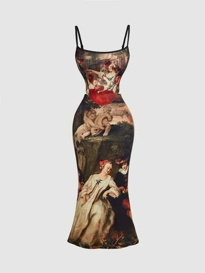 SHEIN MOD Women 2pcs Vintage 60s 70s Oil Painting Pattern Set Fish Tail Skirt Suit Outfits Dark Green Pirate Dress Corset Sets Dinner,Date Night,Halloween