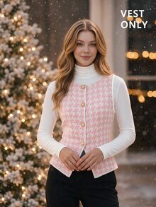 SHEIN MOD 1件女式千鸟格纹单排扣复古针织背心 - 粉色 - 查看 1