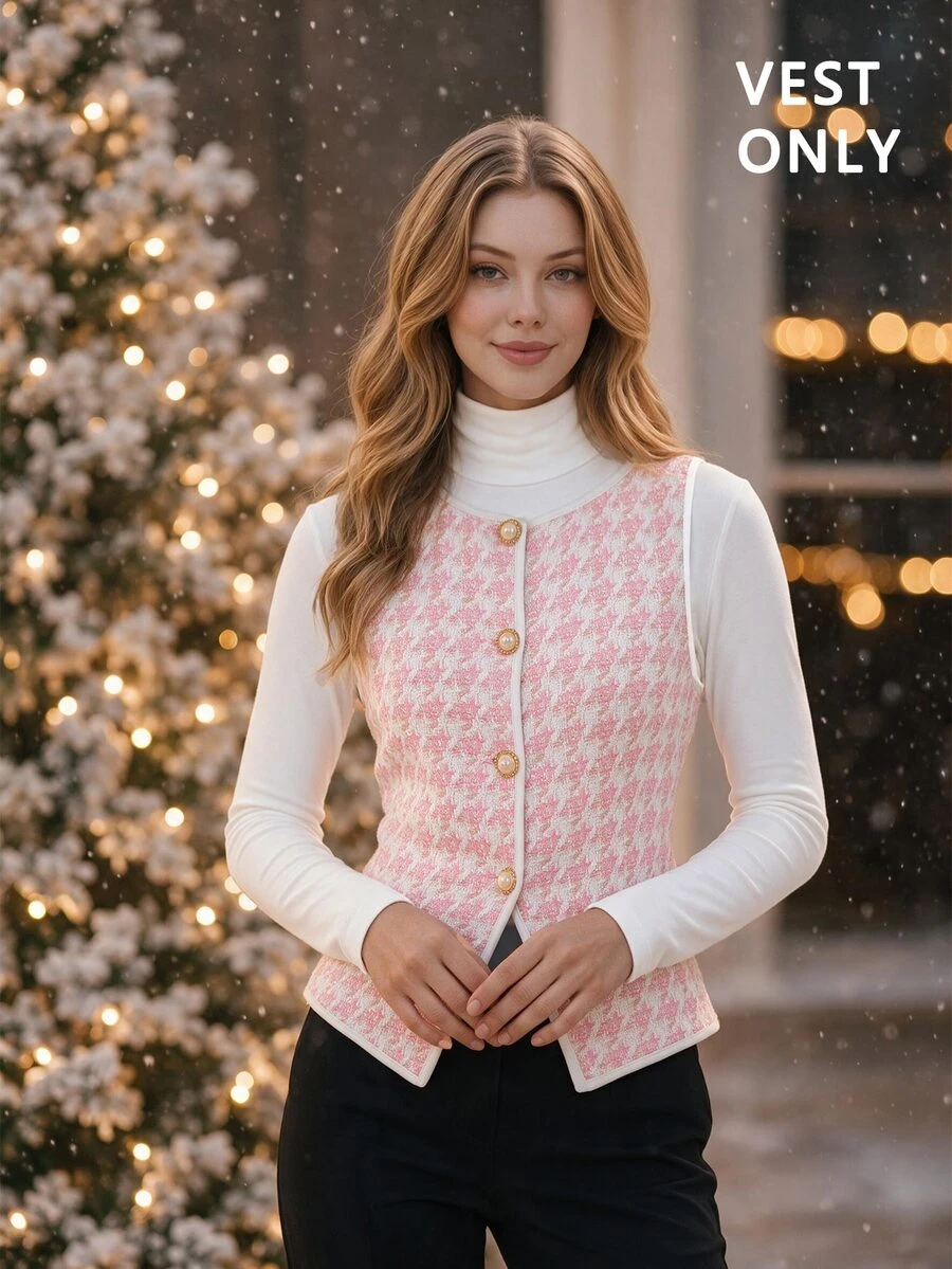 SHEIN MOD 1件女式千鸟格纹单排扣复古针织背心 - 粉色 - 查看 1