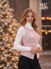 SHEIN MOD 1件女式千鸟格纹单排扣复古针织背心 - 粉色 - 查看 7