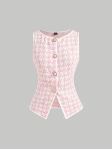 SHEIN MOD 1件女式千鸟格纹单排扣复古针织背心 - 粉色 - 查看 6