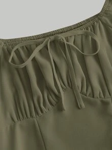 SHEIN MOD 方領荷葉袖胸部褶皺洋裝 - 軍綠色 - 查看 6