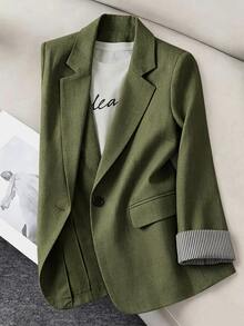 GlowEve CURVE Women's Plus Size Casual Elegant Smart Blazer - Fall Olive Green Plus Size Lapel Jacket With Striped Cuffs Office - Army Green - View 3