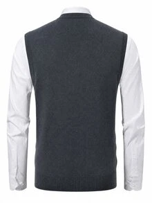 Manfinity Homme Men's V-Neck Knitted Vest, Diamond-Shaped Pattern Minimalist, Classic Style, Slim Fit Versatile Vest Comfortable For Daily Outings And Activities - Grey - View 3