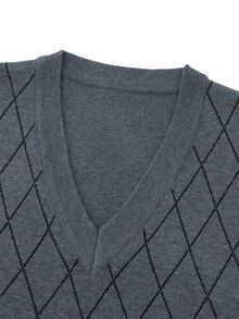 Manfinity Homme Men's V-Neck Knitted Vest, Diamond-Shaped Pattern Minimalist, Classic Style, Slim Fit Versatile Vest Comfortable For Daily Outings And Activities - Grey - View 5