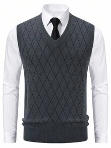 Manfinity Homme Men's V-Neck Knitted Vest, Diamond-Shaped Pattern Minimalist, Classic Style, Slim Fit Versatile Vest Comfortable For Daily Outings And Activities - Grey - View 4