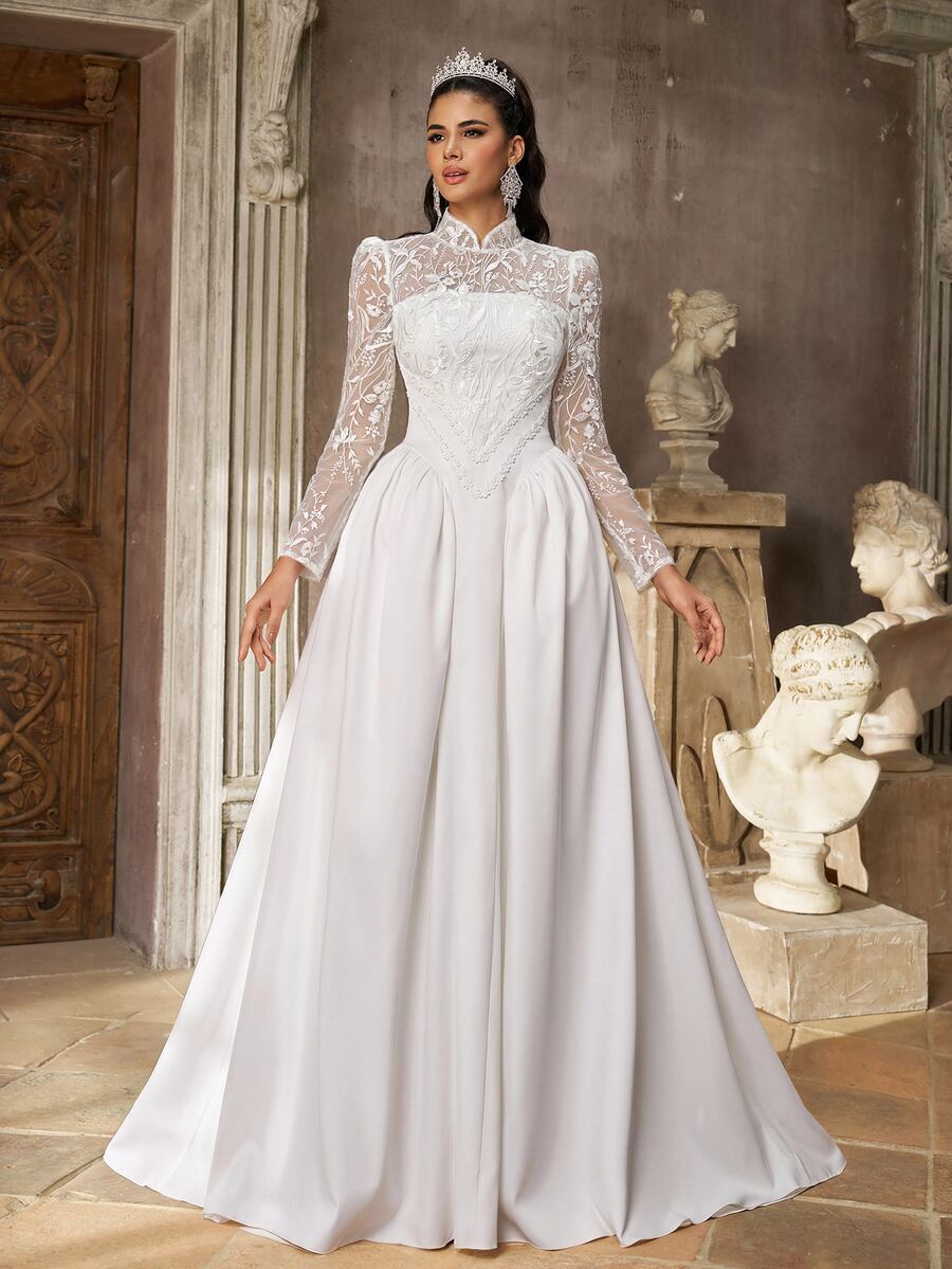 Aureia Elegant Luxurious White Beaded Embroidery Patchwork Elastic ...