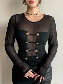 REIGN AVE Early Autumn Sheer Metallic Buckle Patchwork Black Lace Mesh Sexy Wedding Banquet Party Top - Black - View 2