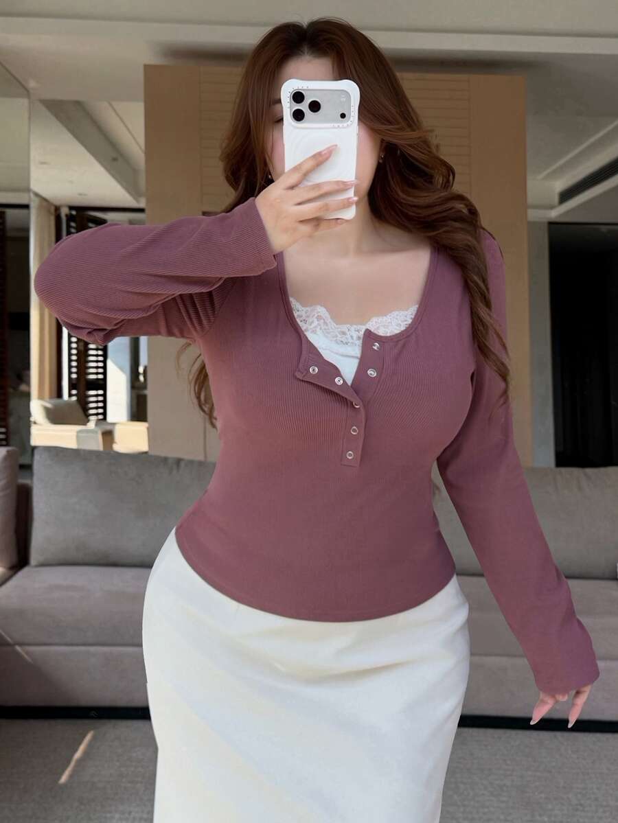 REIGN AVE Korean Style Contrast Lace Casual Versatile Long Sleeve T-Shirt For Girls - Dusty Pink - View 1
