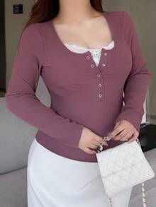 REIGN AVE Korean Style Contrast Lace Casual Versatile Long Sleeve T-Shirt For Girls - Dusty Pink - View 7