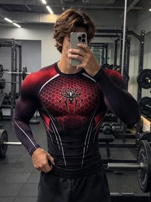 Sport MetroGents 男士蜘蛛圖案印花長袖運動T恤 - 黑色 - 查看 1