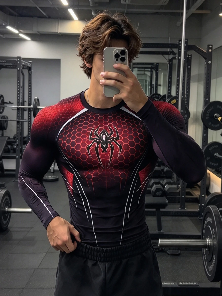 Sport MetroGents 男士蜘蛛圖案印花長袖運動T恤 - 黑色 - 查看 1