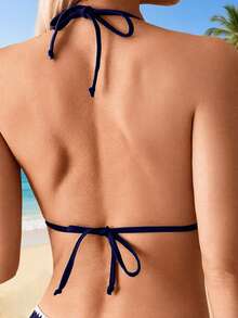 Swim Basics 女士夏季度假沙滩碎花饰边挂脖泳衣上装 - 藏蓝色 - 查看 2