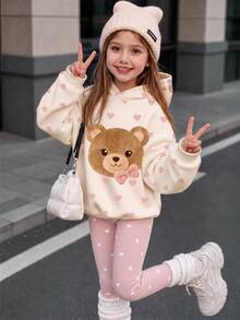 暖燕麥色甜美女孩蝴蝶結與熊刺繡貼花圖案女童幼兒休閒軟舒適寬鬆連帽套頭衛衣與刷毛內搭褲2件套，適合秋冬日常、校園、開學季，甜美少女風慵懶休閒時尚 - 彩色 - 查看 3